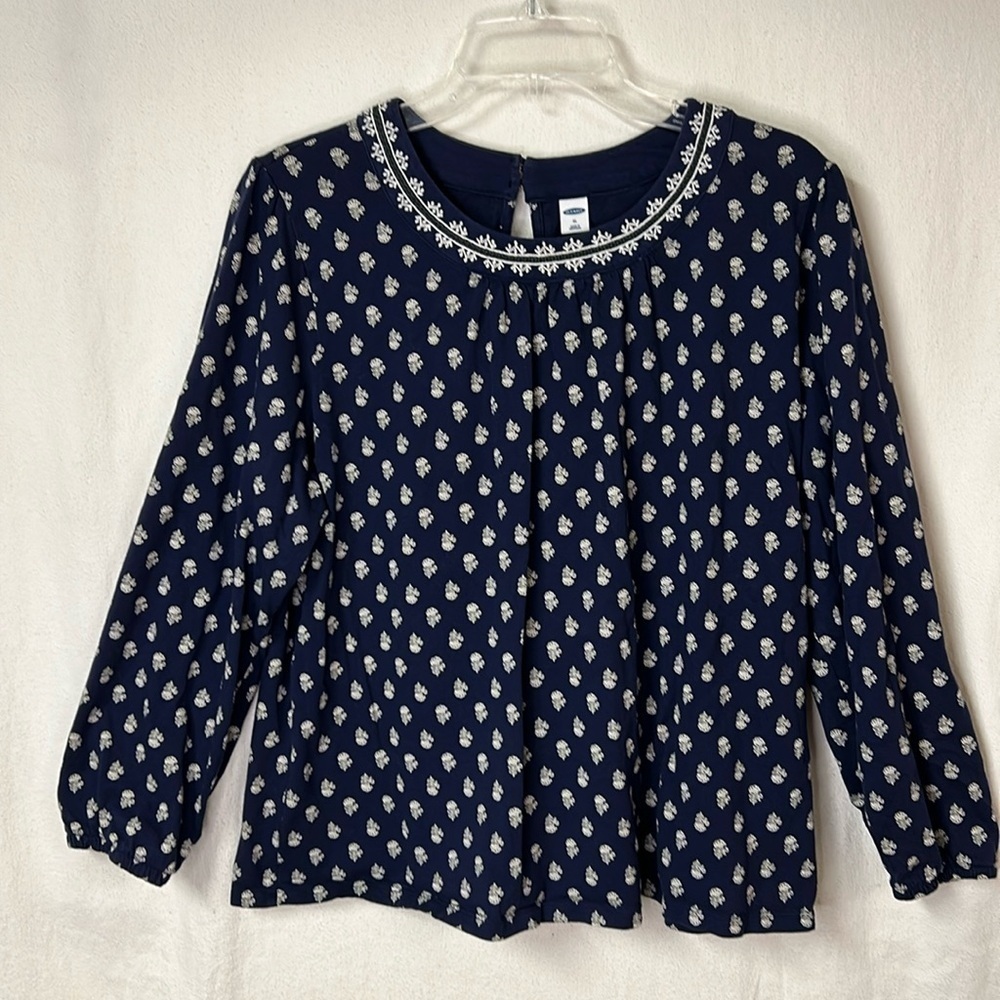 Old Navy Women’s Tunic Top Size XL Navy White Print Embroidered Neck Gathers